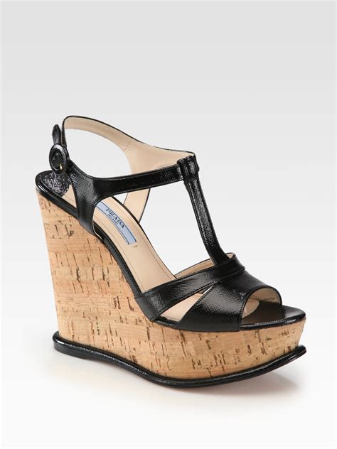 prada cork wedge patent leather sandals|prada leather sandals.